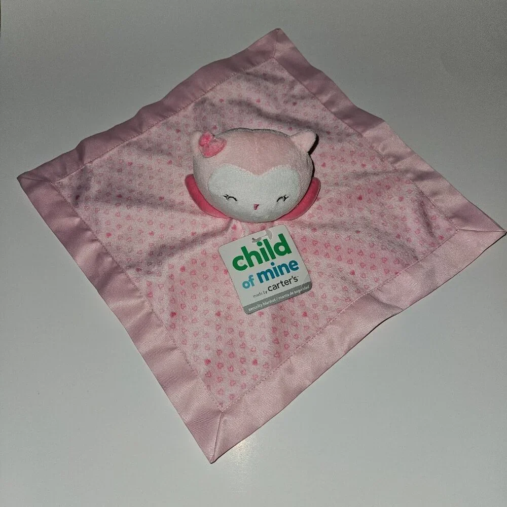 Carter's Child of Mine Pink Owl Lovey Rattle Hearts Fleece Satin Baby Toy w/TAG